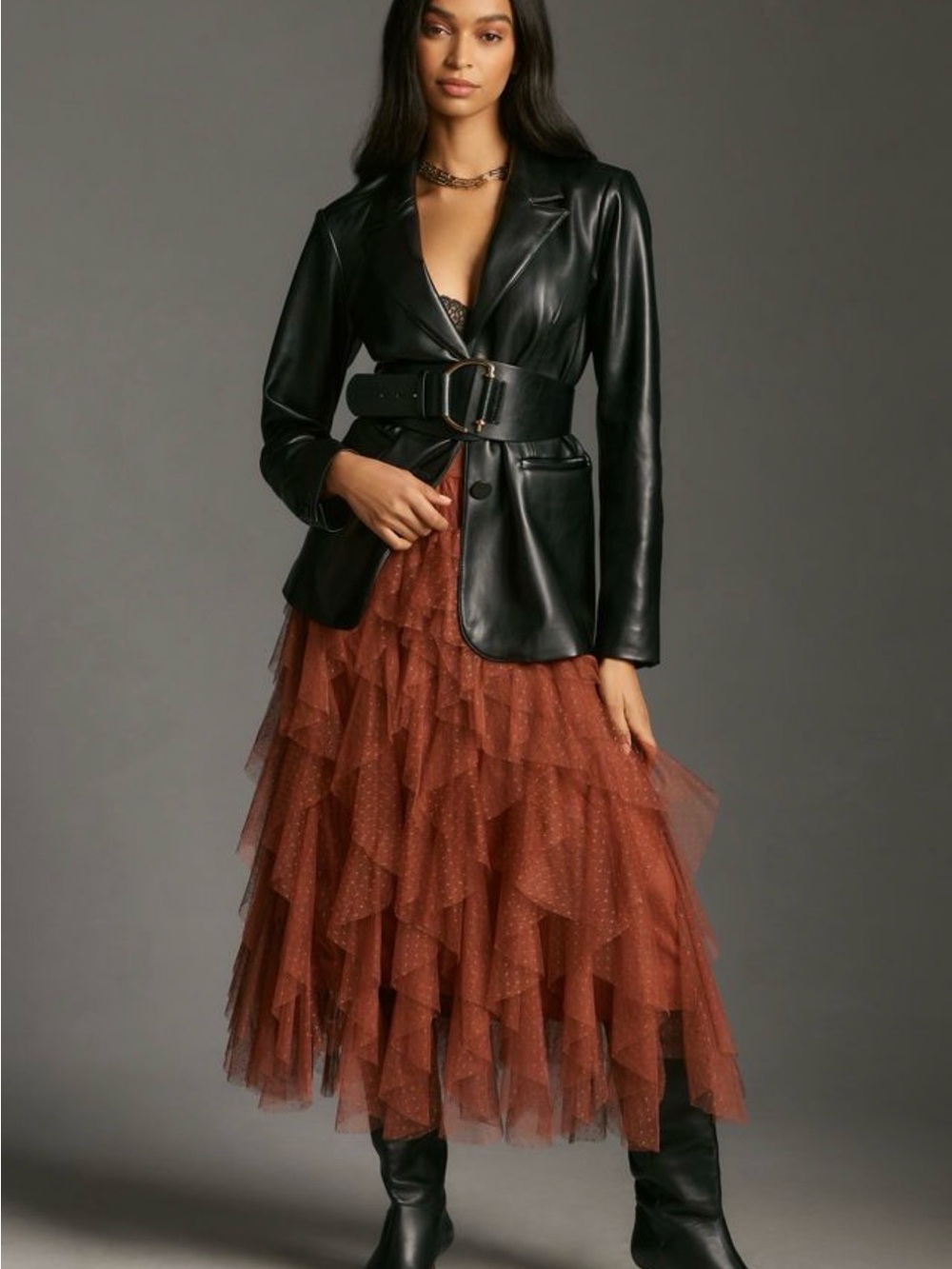 Anthropologie Rust Swiss Dot Tulle Ruffle Midi Skirt Size Small
